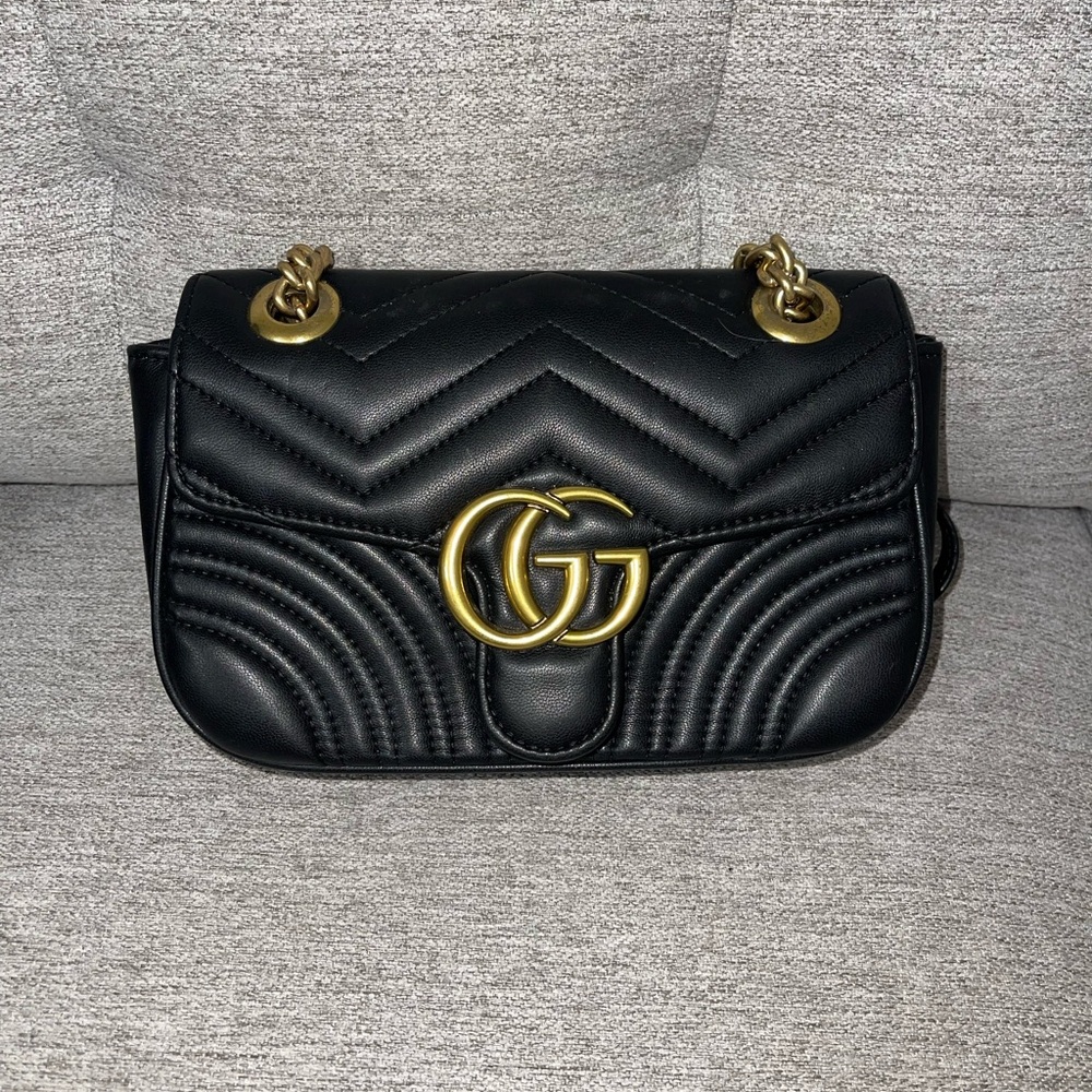 Designer Inspired Black Quilted Crossbody Bag with Gold Accents